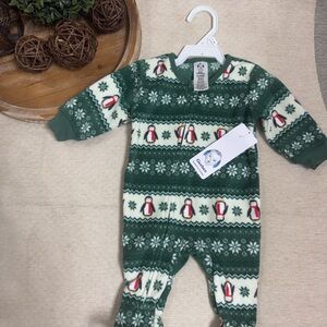 Carter's Green and Cream Penguin Fleece Footed One-Piece